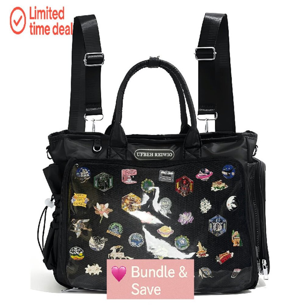 Large Ita Backpack Tote Crossbody Bag with Pin Display Insert, Oxford Fabric
